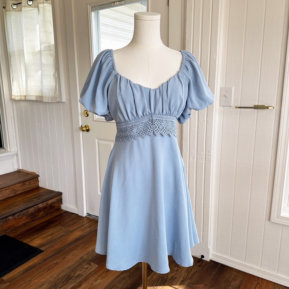 Inspired Hearts Womens Mini Dress L Blue Cottagecore Tie Regencycore Romantic